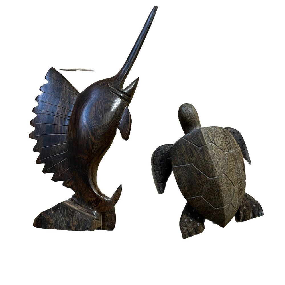 Carved Wooden Sea Turtle‎ And Swordfish Unmarked Trinkets
